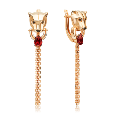 Серьги «Пантеры» с английским замком из красного золота с гранатом