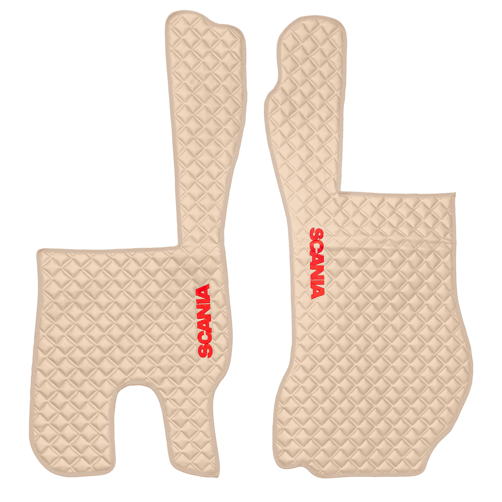 Ковры SCANIA 5 серии R (механика) (экокожа, бежевый, бежевый кант, красная вышивка)