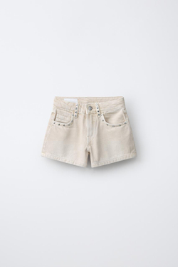 ZARA ДЖИНСОВЫЕ ШОРТЫ С ЗАКЛЕПКАМИ И ЗВЕЗДАМИ, ЭКРЮ