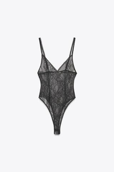 ZARA КРУЖЕВНОЕ БОДИ С ПУГОВИЦАМИ, ЧЕРНЫЙ