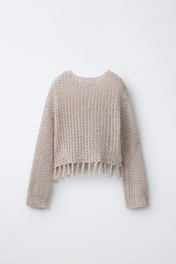 ZARA ТРИКОТАЖНЫЙ ДЖЕМПЕР С БАХРОМОЙ, РЫЖЕВАТО-КОРИЧНЕВЫЙ