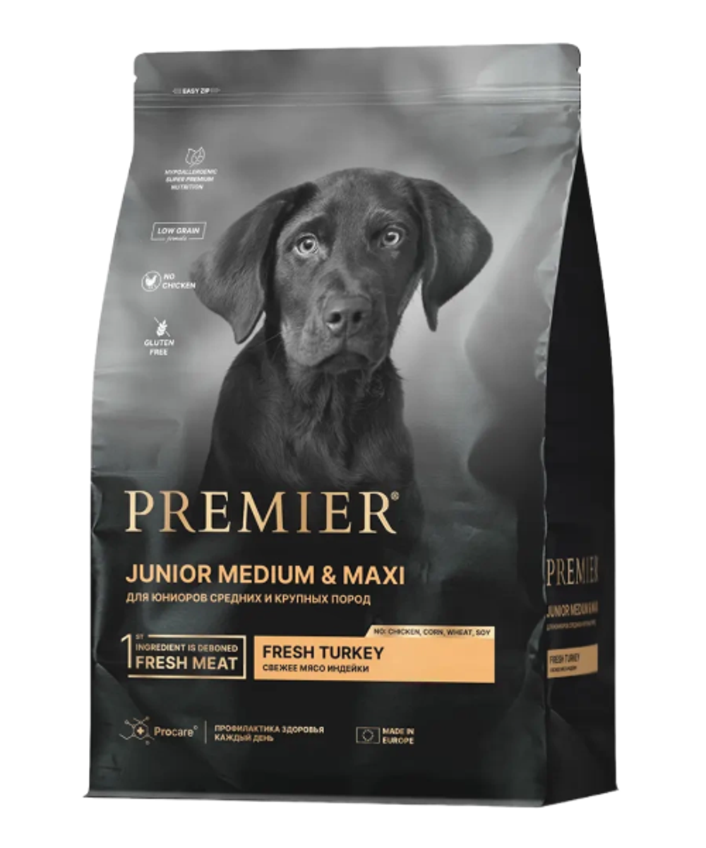 Сухой корм для юниоров Premier Dog Junior Medium & Maxi беременных и кормящих собак средних и крупных пород с индейкой 1кг