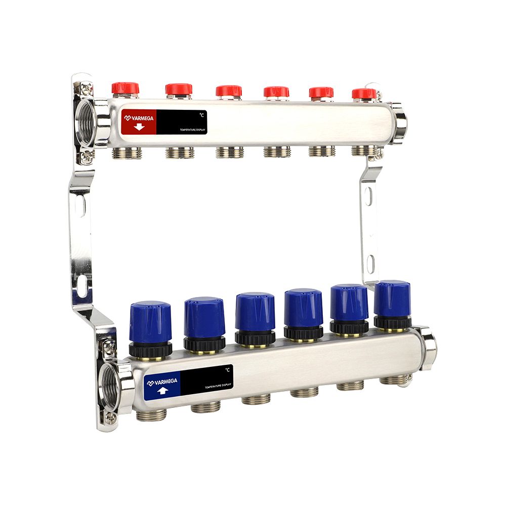 Коллектор из  нерж. стали без расходомеров с регулирующими клапанами 1", 6 x 3/4"EK