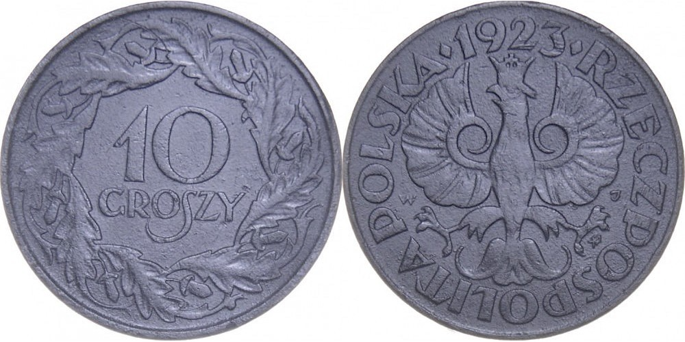 Польша 10 грошей, 1923 Цинк XF