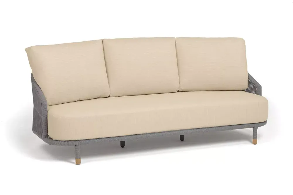 "Верона" диван 3-местный плетеный из роупа, каркас алюминий светло-серый (RAL7035) муар, роуп светло-серый круглый, ткань Mossle светло-бежевая