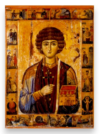 Пантелеимон Целитель святой великомученик с клеймами жития. Деревянная икона на левкасе