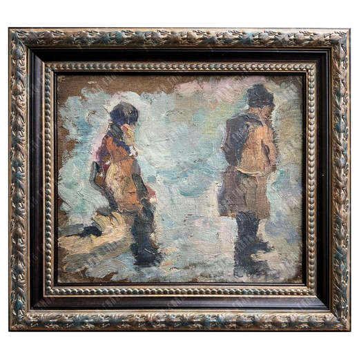 [Двусторонний] Динес Ю. С. Путник на берегу Волги / Две фигуры. Этюд. Холст, масло. 1943 г.