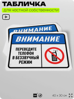 Табличка для частной территории "Внимание, переведите телефон в беззвучный режим", на дом, для участка, организаций и частных территорий, предупреждающая, 40х30 см, Silver Plane x Айдентика Технолоджи