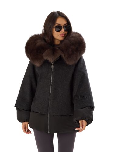 Комбинированный черный пуховик с мехом песца