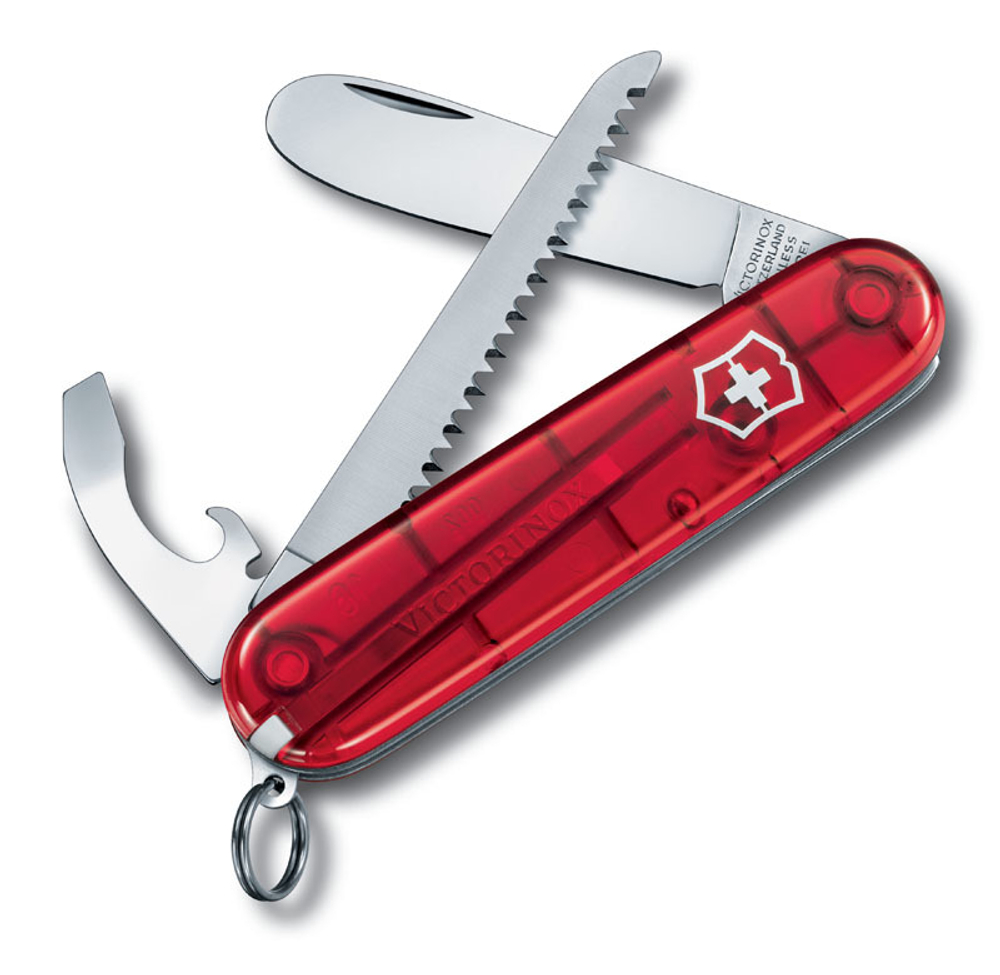 Качественный маленький брендовый фирменный швейцарский складной перочинный нож 84 мм полупрозрачный красный 9 функций Victorinox My First  VC- 0.2373.T