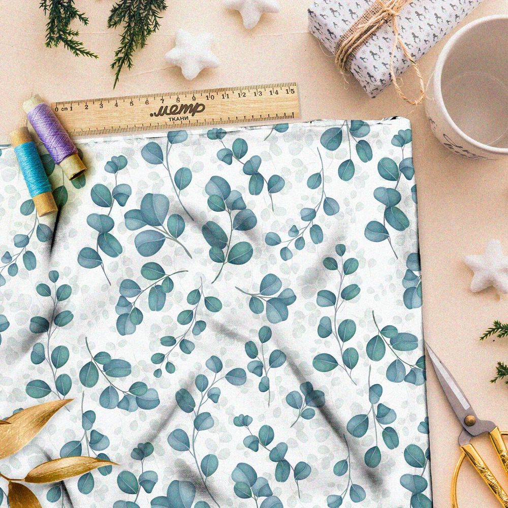 Ткань саржа крупные полупрозрачные листья на белом фоне