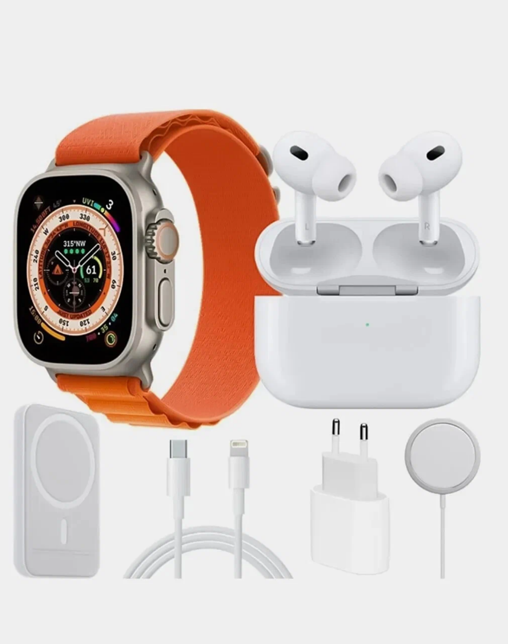 Набор для iPhone X8 оранжевый 6в1 (часы,наушники,беспр. зарядка, Power Bank, зарядное 20W, кабель)
