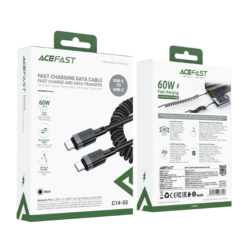 Кабель TypeC - TypeC ACEFAST C14-03 spring (черный) 1.2м