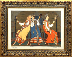 Вихарев С. В. Три девицы. СССР. 1955 г. Литография.