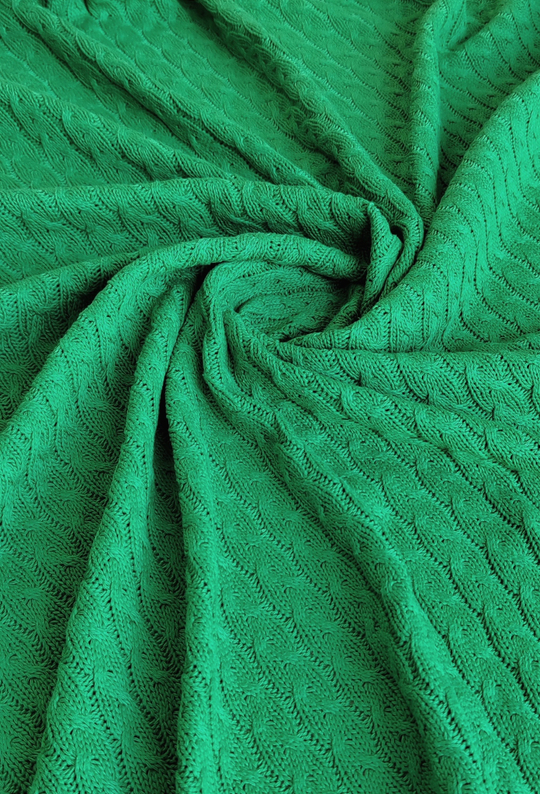 Трикотаж вязанный, косичка большая, зеленый, хлопок OXYGEN