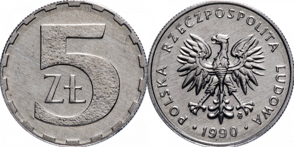 Польша 5 злотых, 1989-1990 Герб XF