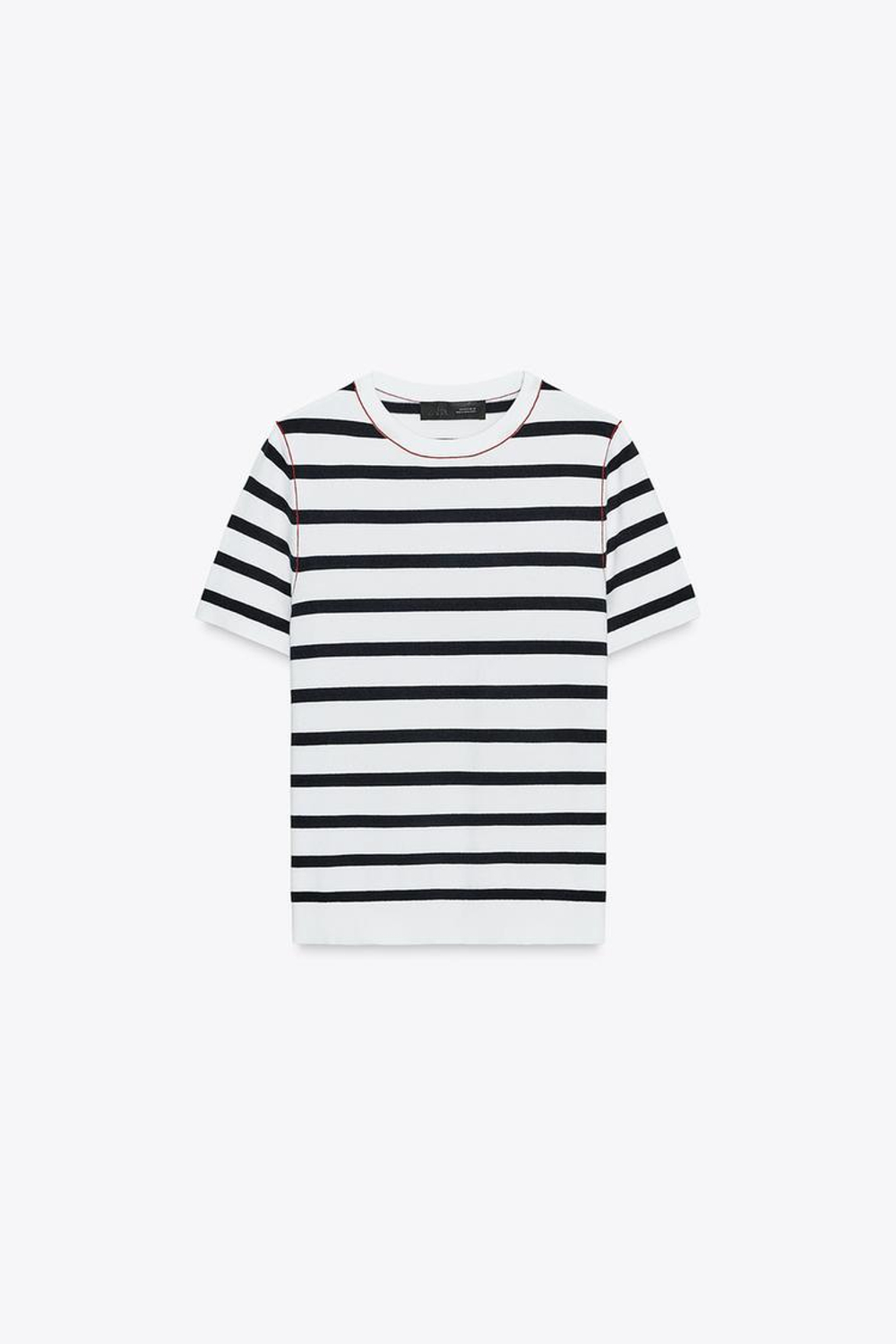 ZARA ТРИКОТАЖНЫЙ ТОП С КОРОТКИМИ РУКАВАМИ И ОТДЕЛКОЙ, ПОЛОСКИ