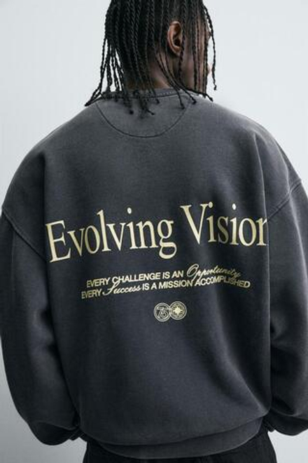 ZARA ТОЛСТОВКА С КОМБИНИРОВАННЫМ ПРИНТОМ, ТЕМНЫЙ АНТРАЦИТ