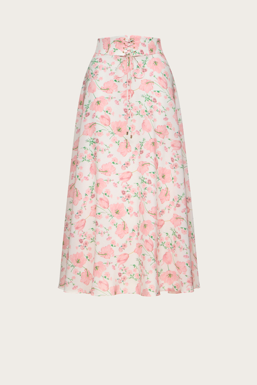 Юбка на шнуровке из розового шелка с авторским принтом