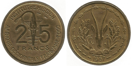 Французская Западная Африка 25 франков, 1957 Газель XF