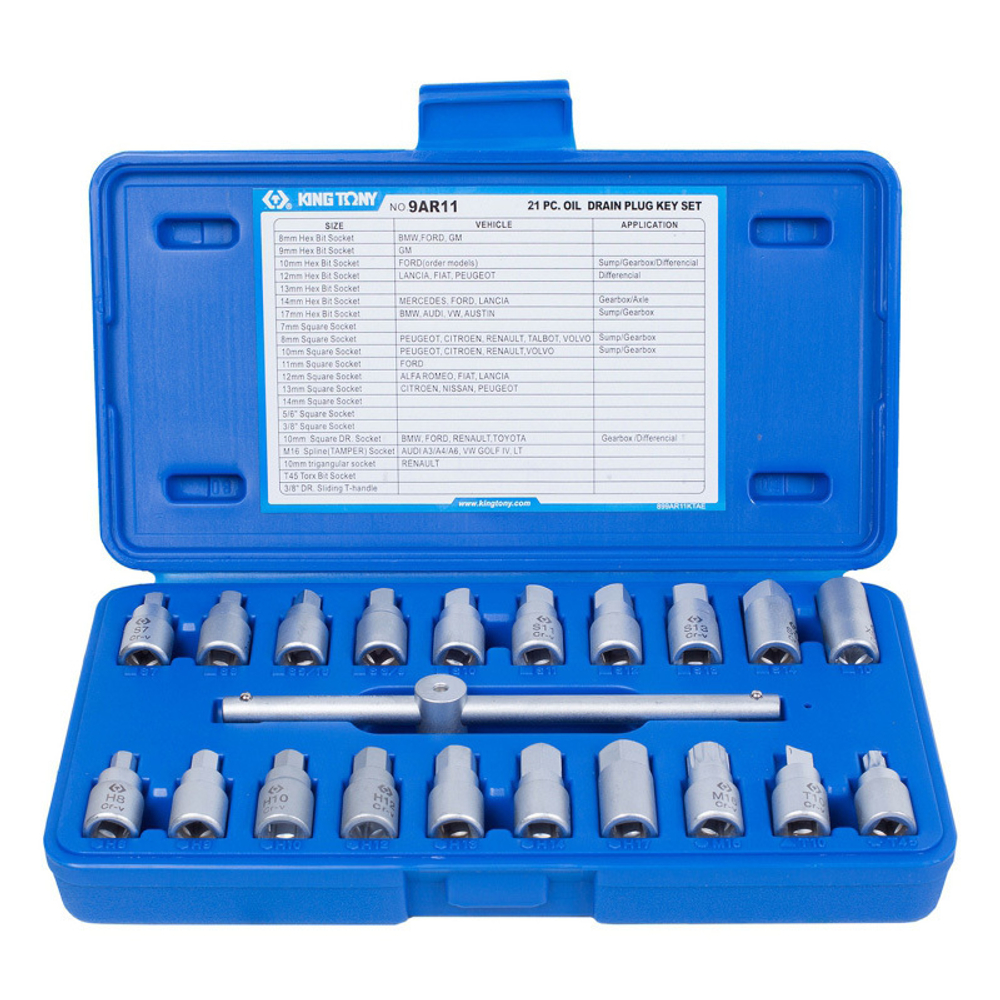 KING TONY (9AR11) Набор насадок для пробок слива масла, 21 предмет