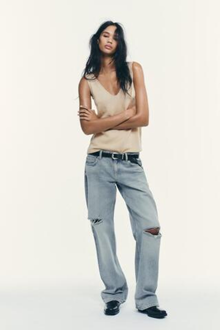 ZARA ДЖИНСЫ TRF WIDE LEG С НИЗКОЙ ПОСАДКОЙ И ПОТРЕПАННОСТЯМИ, СЕРО-СИНИЙ