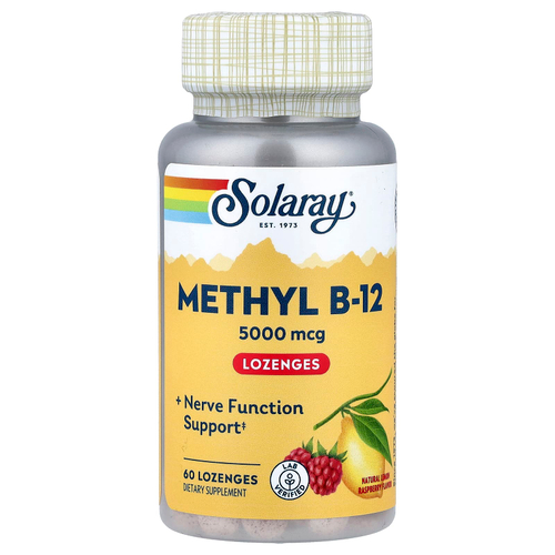 Solaray, метил B12 в форме пастилок, с натуральным лимонным вкусом и малиной, 5000 мкг, 60 пастилок