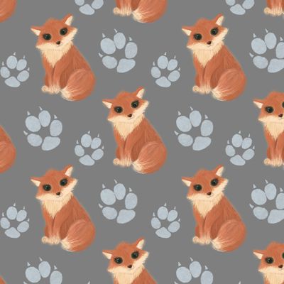 пушистая лиса на сером фоне со следами лап