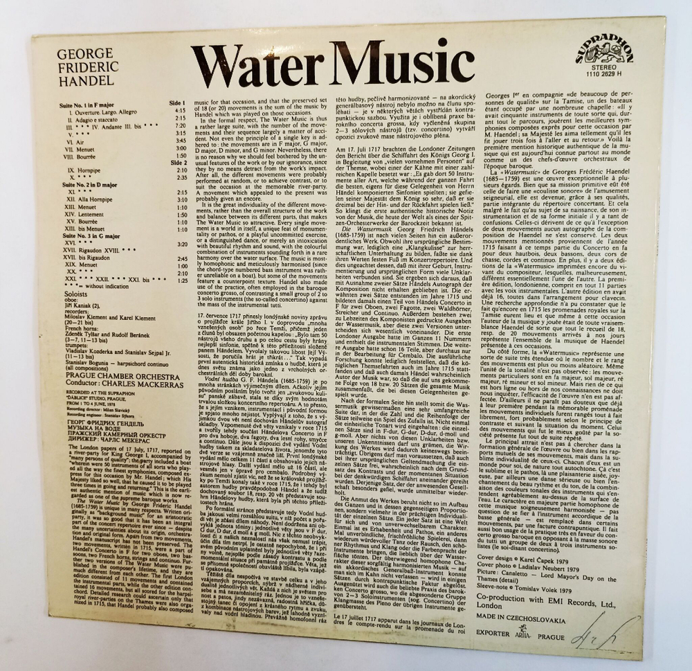 Винтажная виниловая пластинка LP Handel Гендель Soloists Prague Chamber Orchestra Water Music, Complete (Чехословакия 1989)