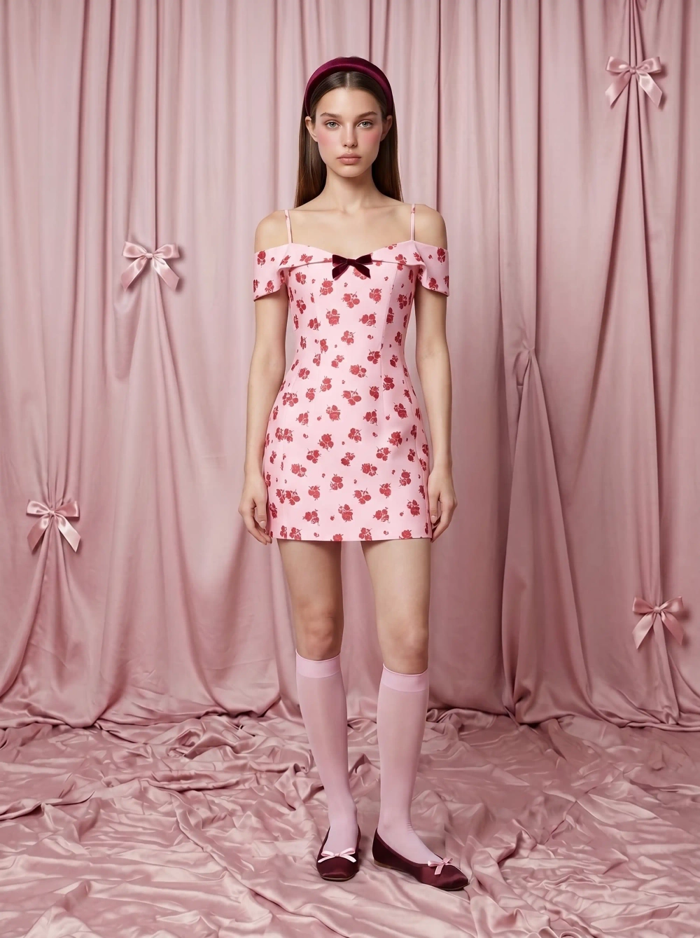 Мейв мини (Maeve mini), платье мини из розового атласа с мелкими красными цветами
