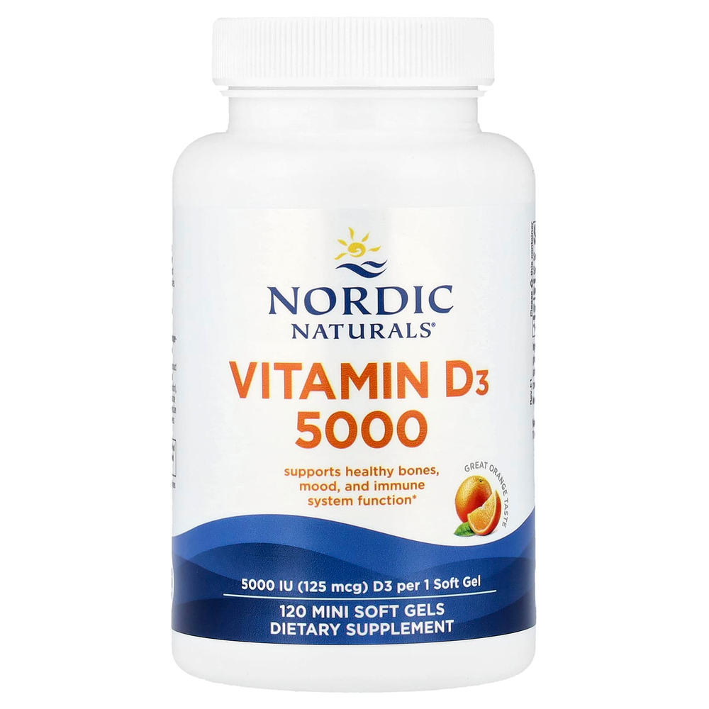 Nordic Naturals, Витамин D3 5000, апельсин, 125 мкг (5000 МЕ), 120 мягких таблеток