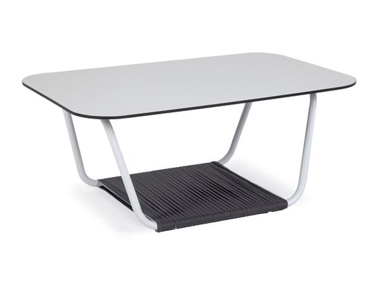 "Гранада" журнальный стол 90х60см из HPL, цвет "молочный", каркас белый муар, роуп темно-серый круглый