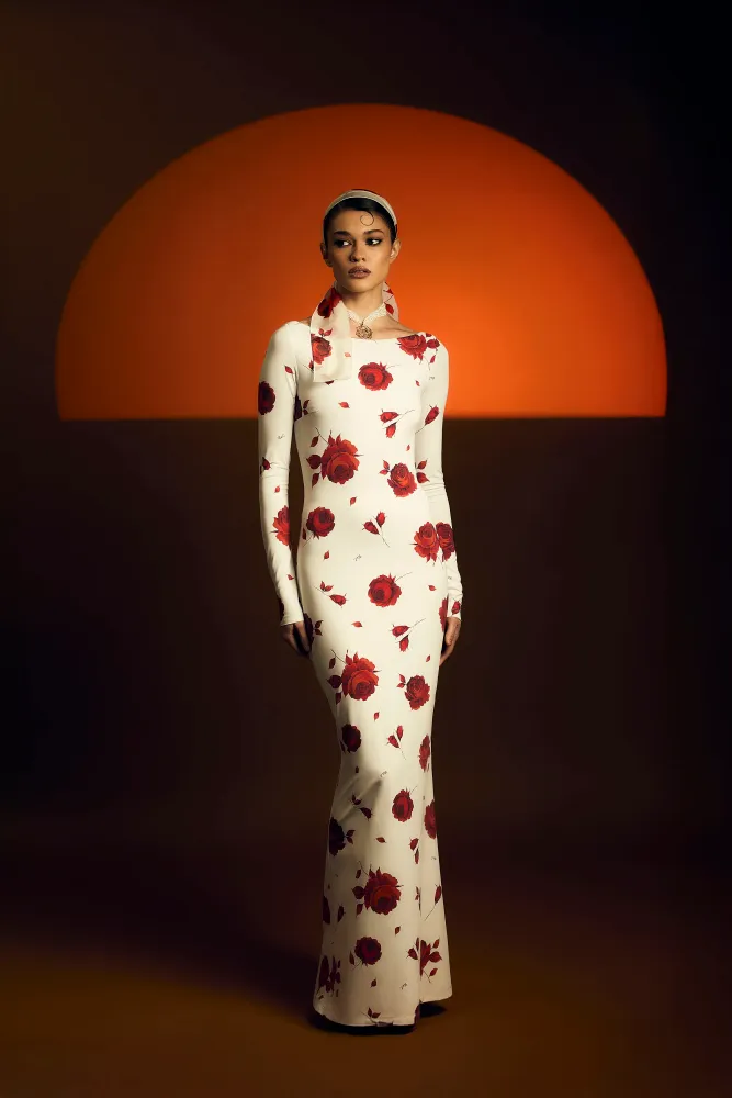 Нэтти макси (Netty maxi), платье миди из молочного бифлекса с цветочным принтом