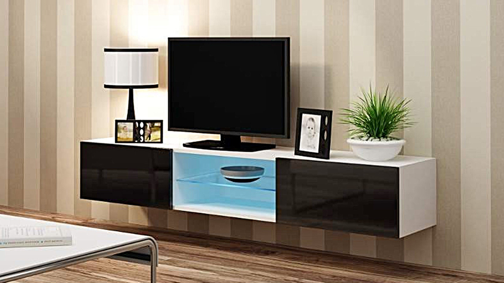 ТВ-тумба Виго со стеклянной полкой МДФ (черная) / Белый Фасадный 0101 180*42*30 см, Черный, Белый Фасадный   Фиеста