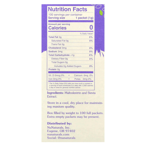 NuNaturals, NuStevia, белый порошок стевии, 100 пакетиков, 100 г (3,5 унции)