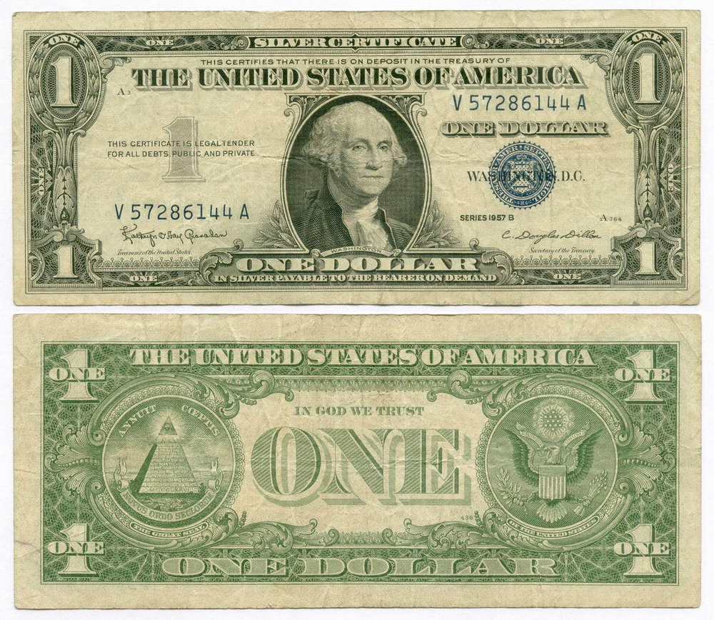 Банкнота США 1 доллар (серебряный сертификат) 1957B V 57286144 A. F-VF