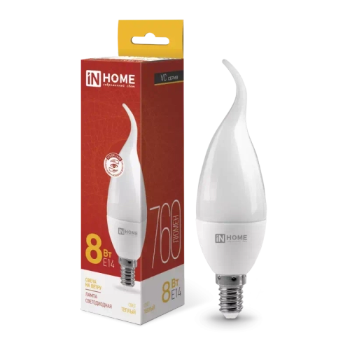 Лампа светодиодная LED-СВЕЧА НА ВЕТРУ-VC 8Вт 230В Е14 3000К ТЕПЛЫЙ СВЕТ 760Лм IN HOME
