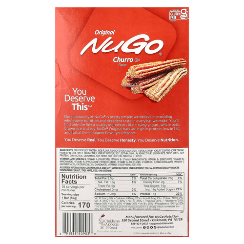 NuGo Nutrition, Original, протеиновые батончики, Churro, 15 батончиков, 50 г (1,76 унции)
