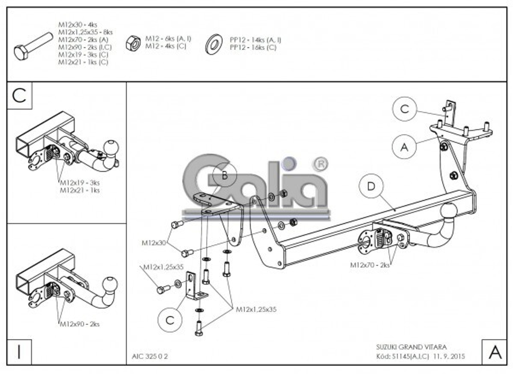 Фаркоп оцинкованный Galia S114A для Suzuki Grand Vitara 3 дверная 2005-2016(паспорт и сертификат в комплекте)(без электрики)