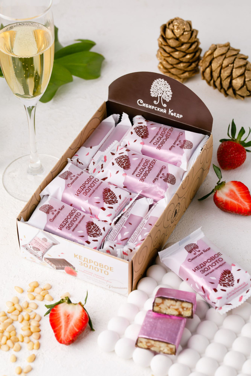 Кедровое золото Клубника с шампанским / 630 г / шоу-бокс / 18шт / батончик / ТМ Сибирский кедр