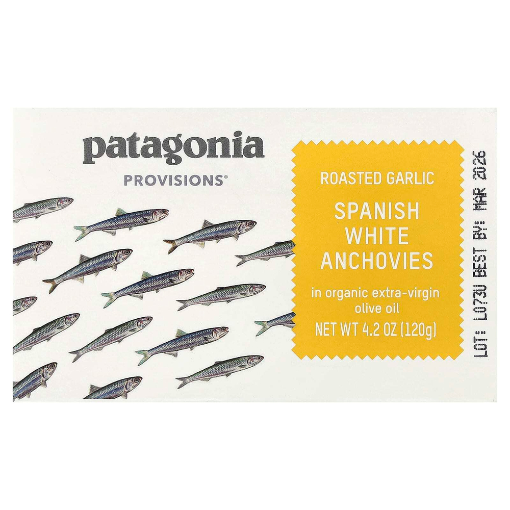 Patagonia Provisions, жареные испанские белые анчоусы с чесноком в органическом оливковом масле первого отжима, 120 г (4,2 унции)
