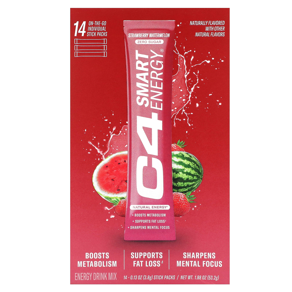Cellucor, C4 Smart Energy, смесь для приготовления энергетического напитка, со вкусом клубники и арбуза, 14 стик-пакетов по 3,8 г (0,13 унции)