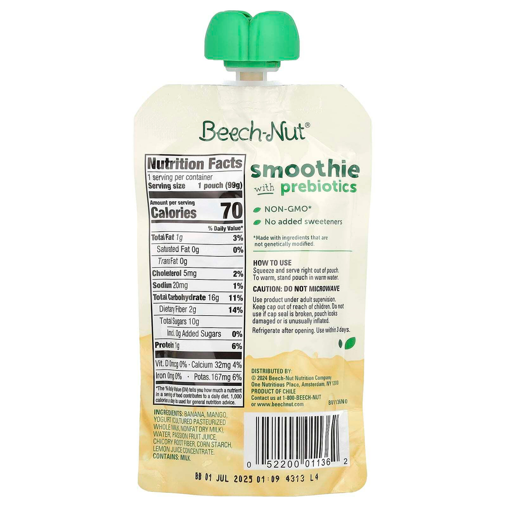 Beech-Nut, Смузи с пребиотиками, от 12 месяцев, банан, манго, маракуйя и йогурт, 99 г (3,5 унции)