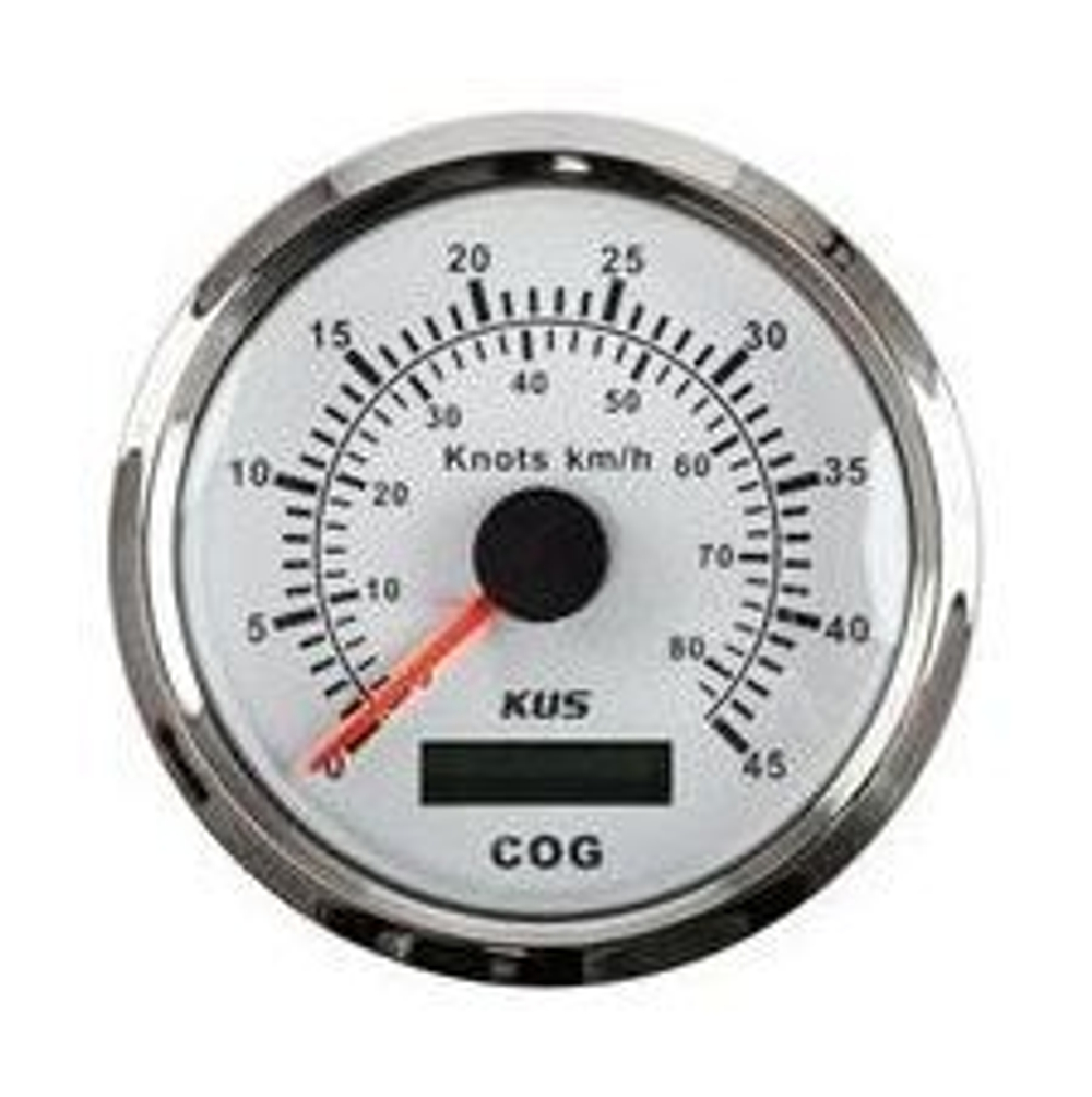 GPS-спидометр аналоговый 0-45 узлов, белый циферблат, нержавеющий ободок, выносная антенна, д. 85 мм