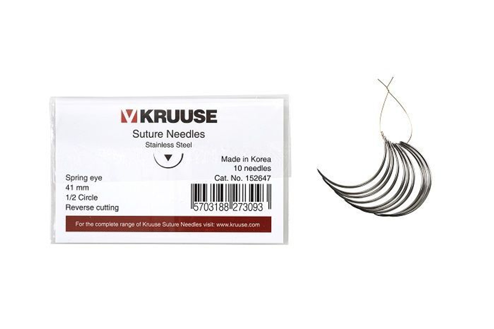 Игла хирургическая 1/2 41 мм пружинное ушко обратно режущая KRUUSE, 10 шт.