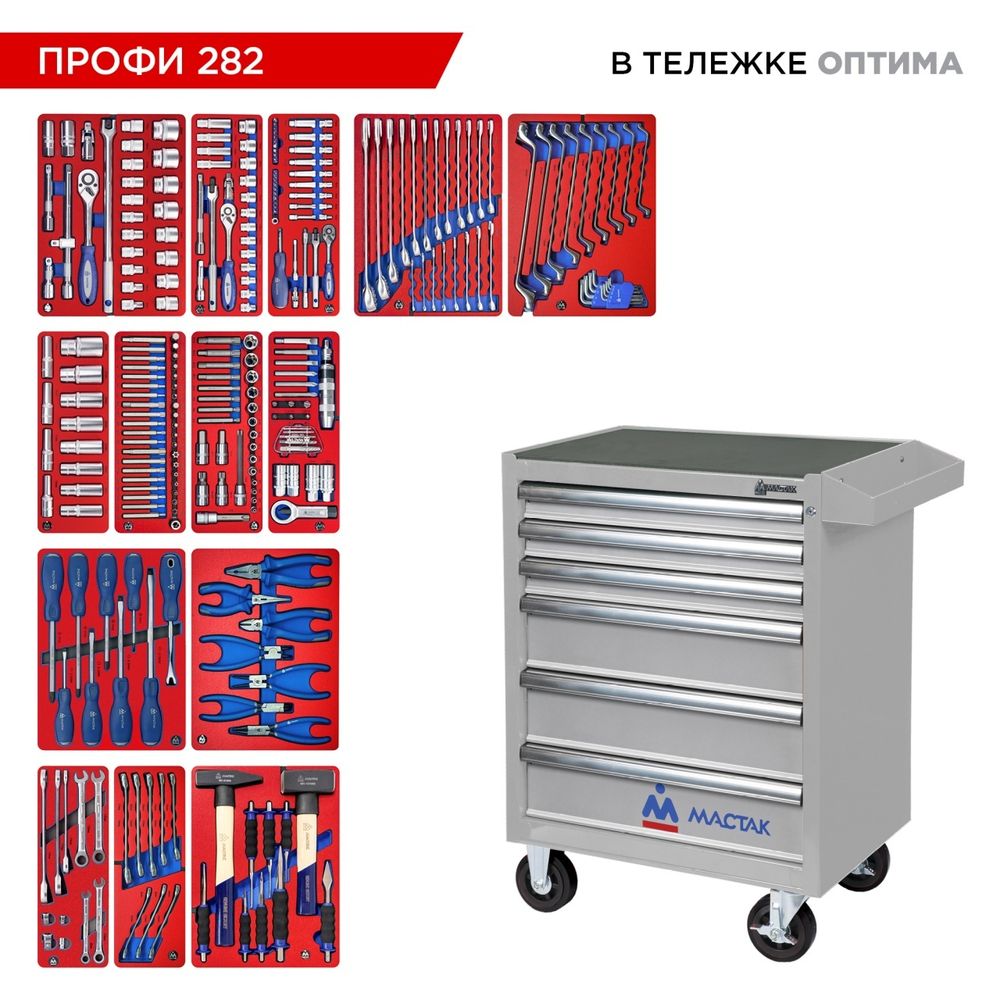 МАСТАК (52-06282G) Набор инструментов 282 предмета, "ПРОФИ 282", в серой тележке