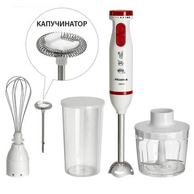 Блендер погружной 1000 Вт АКСИНЬЯ КС-320В с капучинатором, измельчителем, венчиком, стаканом, белый с красным