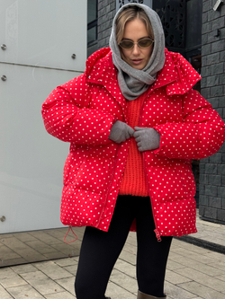 Пуховик Рокет миди красный в горох