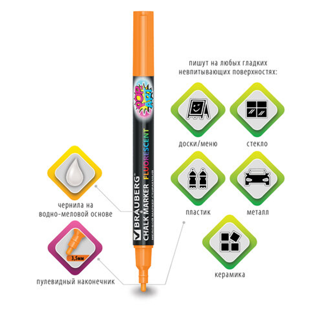 Маркер меловой «POP-ART» ОРАНЖЕВЫЙ, 3,5 мм, стираемый, для гладких поверхностей, BRAUBERG, 151523