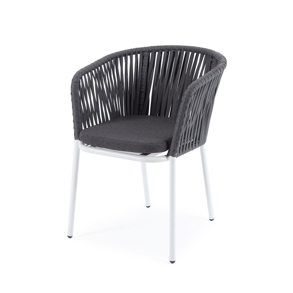 "Бордо" стул плетеный из роупа, каркас алюминий белый шагрень, роуп серый 15мм, ткань темно-серая